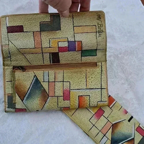 Wallet  CHECKBOOK GOLD ABSTRACT LEATHER  HAND PAINTED MV BOTARI - Picture 8 of 9